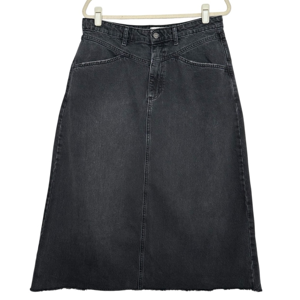 Free People WE THE FREE Black Denim Midi Skirt 8 Raw Hem Y2K Minimalist Grunge - Picture 2 of 14